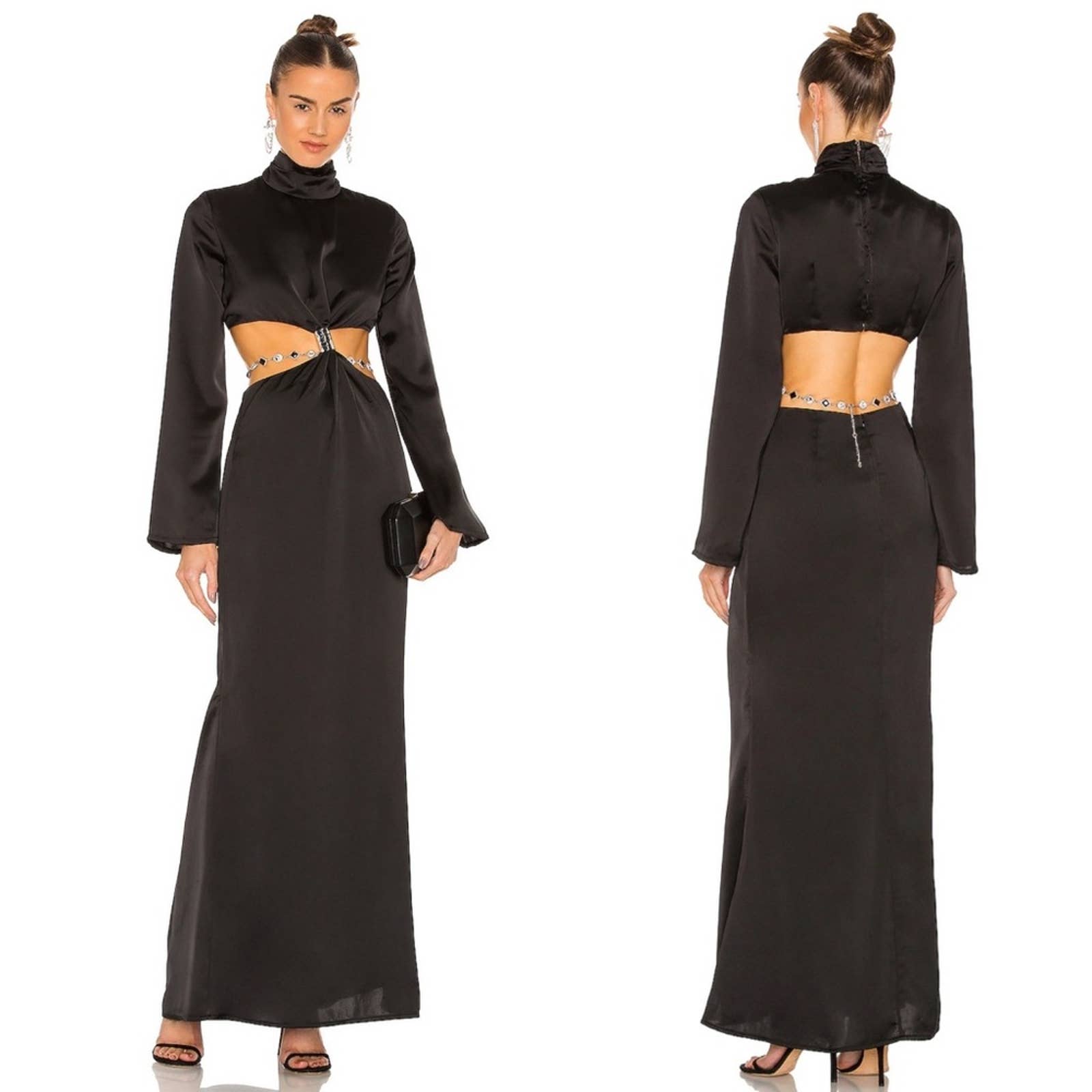 Atoir Black Long Sleeve Cutout Satin Maxi Dress
